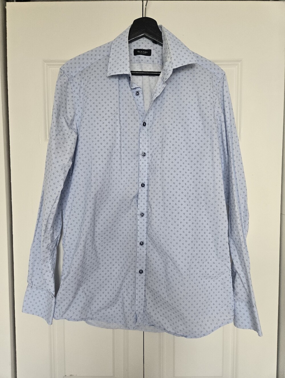 Sand Copenhagen Men's Light Blue Dress Shirt with Small Navy Geometric Print